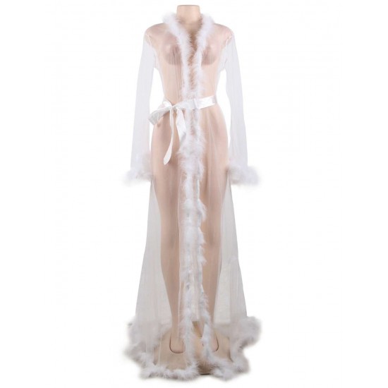 Queen White Robe Perspective Sheer Sleepwear With Fur 