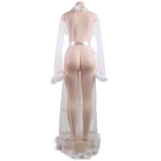 Queen White Robe Perspective Sheer Sleepwear With Fur 