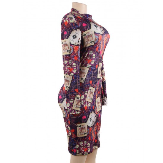 Fashion Poker printing Long Sleeve Bodycon Dress