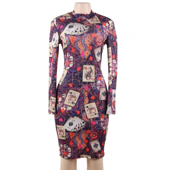 Fashion Poker printing Long Sleeve Bodycon Dress