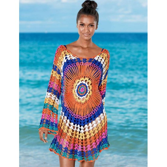 Long Sleeve Rainbow Knitted Handmade Crochet Hollow Beach Dress 