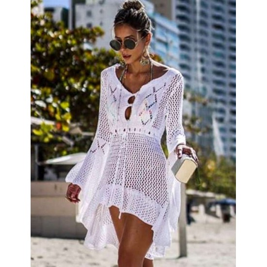 Long Sleeve White Knitted Handmade Crochet Hollow Beach Dress 