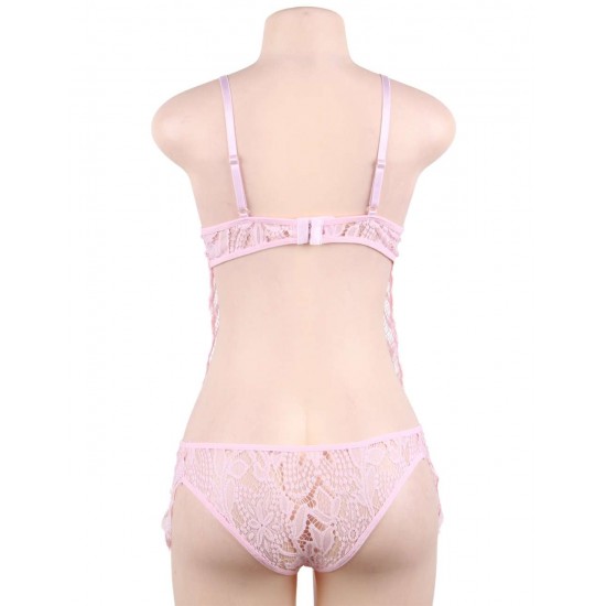 Pink Eyelash Lace Super Thin Cup Sexy Bra Set