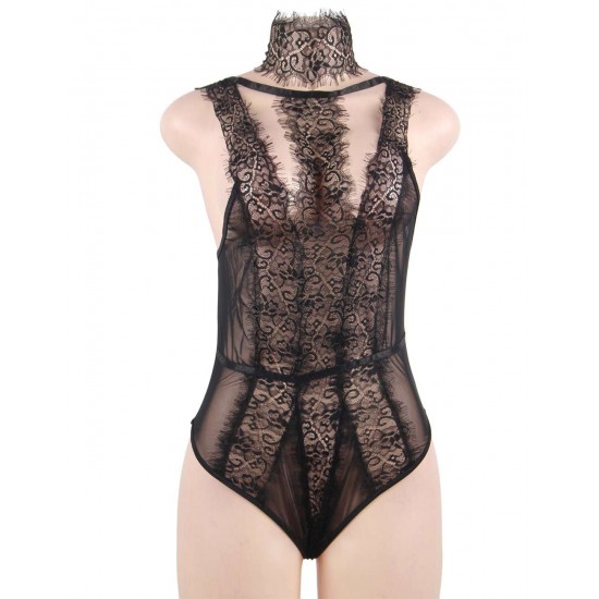 Black Eyelash Lace Collar Backless Sexy Teddy