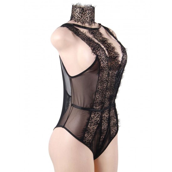 Black Eyelash Lace Collar Backless Sexy Teddy