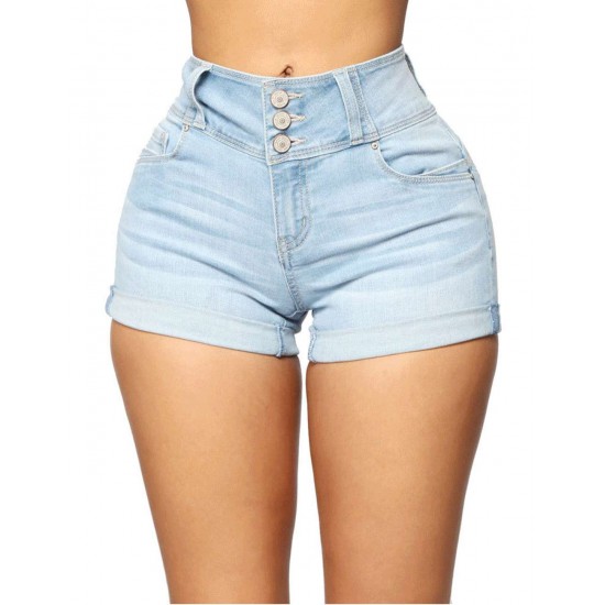 High Waist Summer Denim Fashion Button Washed Shorts