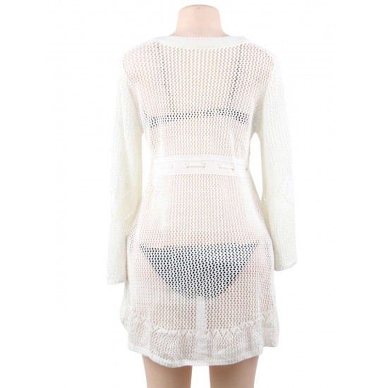 Long Sleeve White Knitted Handmade Crochet Hollow Beach Dress 