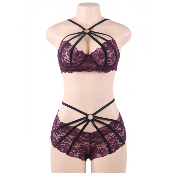 Plus Size Fashion Sexy Lace Stitching Cross Straps Sexy Bra Set