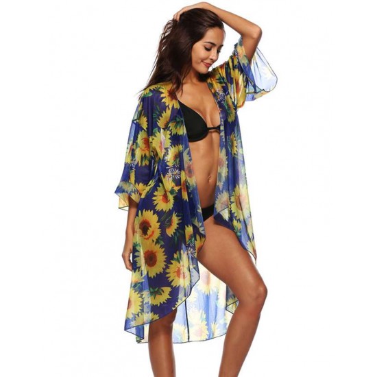 Sunflower Print Sexy Sheer Chiffon Cardigan Beach Cover Up