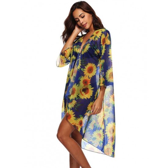 Sunflower Print Sexy Sheer Chiffon Cardigan Beach Cover Up