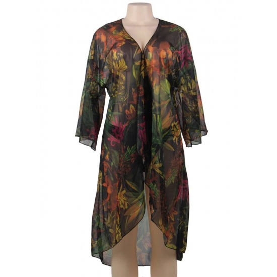 Floral Printed Sexy Sheer Chiffon Cardigan Beach Cover Up