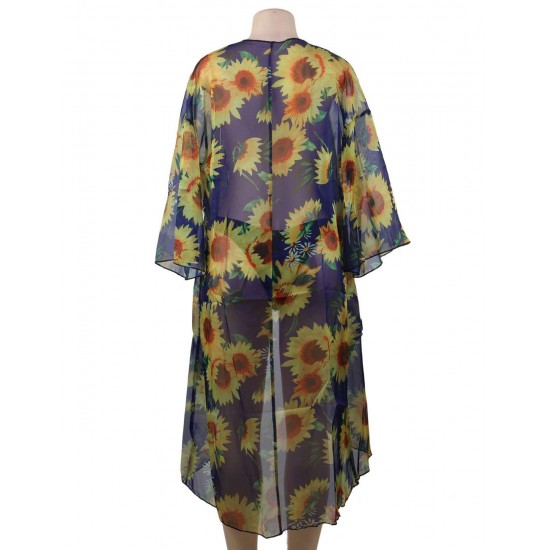 Sunflower Print Sexy Sheer Chiffon Cardigan Beach Cover Up