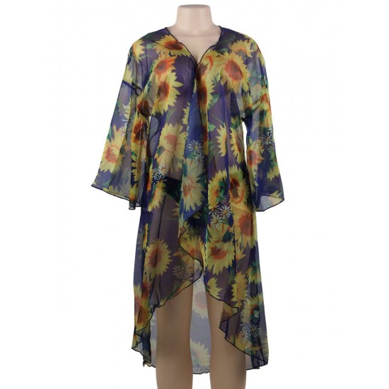 Sunflower Print Sexy Sheer Chiffon Cardigan Beach Cover Up